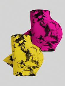2-Piece Set Of Tie-Dyed Three-Quarter Length Athletic Shorts - Yellow - View 2