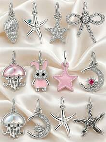 5pcs DIY Beaded Bracelet Accessories Ocean Vacation Style Rhinestone Pendant Starfish/Jellyfish/Moon Star/Bow/Rabbit Charms Jewelry For Women - Multicolor - View 1