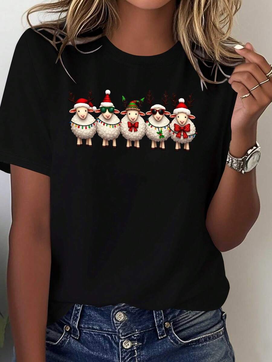 NEW Women's Christmas Sheep T-Shirt - 100% Casual T-Shirt, Decorated With Cute Sheep Faces And Festive Accessories (Antlers/Wreaths), A Comfortable T-Shirt Suitable For All Seasons - 黑色 - 查看 1