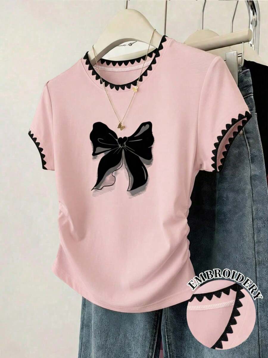 Resyla Versatile Short Sleeve Blouse With Gathered Waist, All-Over Cherry Print, For Summer - Rosa 2 - View 1