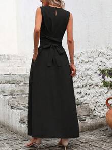 Sleeveless Casual Dress With Back Tie. Solid Color, Cool And Versatile. - Black - View 7