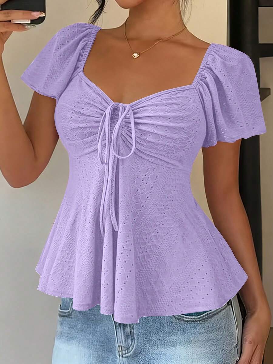 Women's T-Shirt, Modern And Elegant, New For Spring/Summer, Y2K Style, Solid Color, Jacquard, Comfortable And Breathable, With V-Neck, Adjustable Drawstring And Short Sleeves - 紫色 - 查看 1