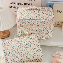 3pcs Set, Large/Medium/Small Multi-Size Large Capacity Layered Storage, Fresh Pastoral Ins Style Soft Lightweight Non-Pressing Luggage, Diamond Quilted Thickened Padded Skin-Friendly Breathable Water-Resistant Fabric, Portable Cosmetic Storage Bag, Korean Healing Floral Girly Style, Cream White Base Full Print Pink Blue Mini Wild Flower Plant Print, 3D Square Full Body Design Resistant To Collapse And Deformation - Multicolor - View 15