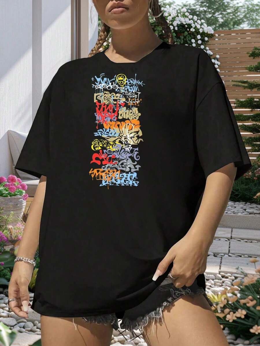 Women's T-Shirts With Graffiti Print - 黑色 - 查看 1