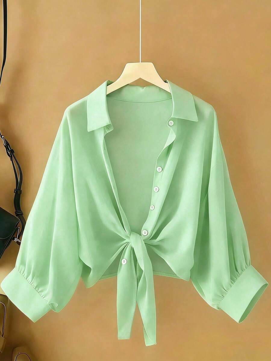 New Women's Casual Solid Color Chiffon Blouse With Short Batwing Sleeves - 薄荷綠 - 查看 1