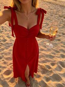 Holidaya Vestido de mujer de unicolor con cuello de corazón, sin mangas, con botones delanteros y abertura - amarillo ganso - Ver 4