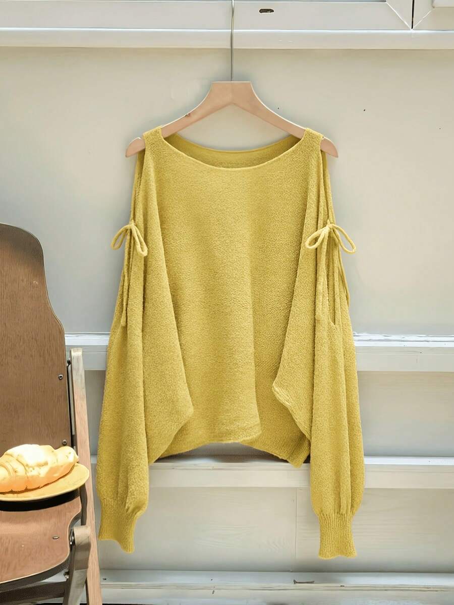 European Style Batwing Sleeve Sweater For Spring/Summer, Loose Top With V-Neck And Lantern Sleeves. - Lemon Yellow - View 1