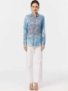 Rich Radi Q's Elegant Women's Long Sleeve Blouse With Contrast Lace And Hollow-Out Details, Blue Regular Hem Shirt Collar Top - Blue - View 4