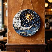 Hexenstil Sternenhimmel Boho runder Holz Wandbehang Dekoration, handbemalte 3D geprägte goldene Sonnenfigur, schlafender Sichelmond, Sterne und blaue Wellen geschnitzte Plakette, geeignet für Astrologie-Enthusiasten spirituelle Heimdekoration, Schlafzimmer Lounge Wanddekoration - Verschiedenfarbig - Übersicht 2