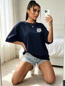 Domestic Shipping Women's T-Shirts, New 2026 Short-Sleeve Styles For Girls, Unique Logo Prints, Crew Neck Women's Tops, New Spring & Summer Collection - 深藍色 - 查看 2