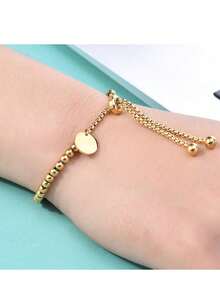 MECYLIFE 1pc Stainless Steel Beads Bracelet For Women, Adjustable Gold Color Jewelry, Personalized Polished Round Disc Bracelet - Gold - View 6