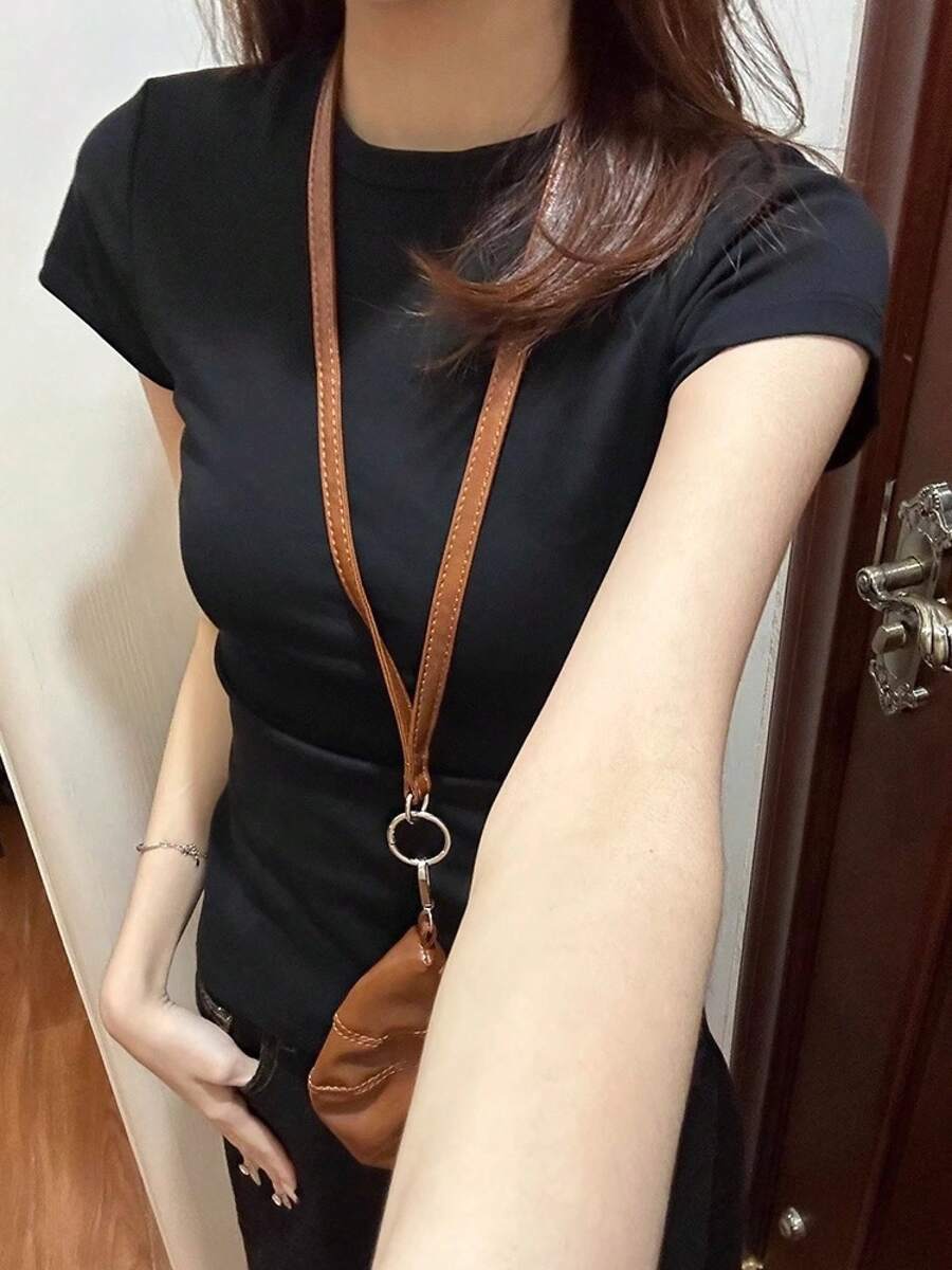 Camiseta verano gris mujer cuello redondo manga corta ajustada adelgazante para combinar - Negro - Ver 1