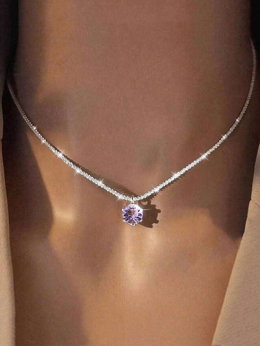 1 pieza Pequeño colgante plateado con un solo diamante, Cadena de clavícula de cobre con cierre de moda, Collar corto de alta calidad, Accesorio casual diario para mujeres