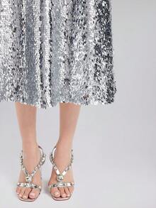 Rich Radi Q's Women's Silver Sequin A-Line Midi Dress, Suitable For Party And Casual Occasions, Made Of Non-Stretch Fabric - Silver - View 8