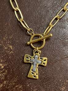 1 pieza Collar de cruz de estilo vintage personalizado y de moda, de doble color, con cadena geométrica de metal y colgante multicolor, adecuado para uso diario, fiesta, festival de música, accesorio diario, regalo para novio - Multicolor - Ver 9