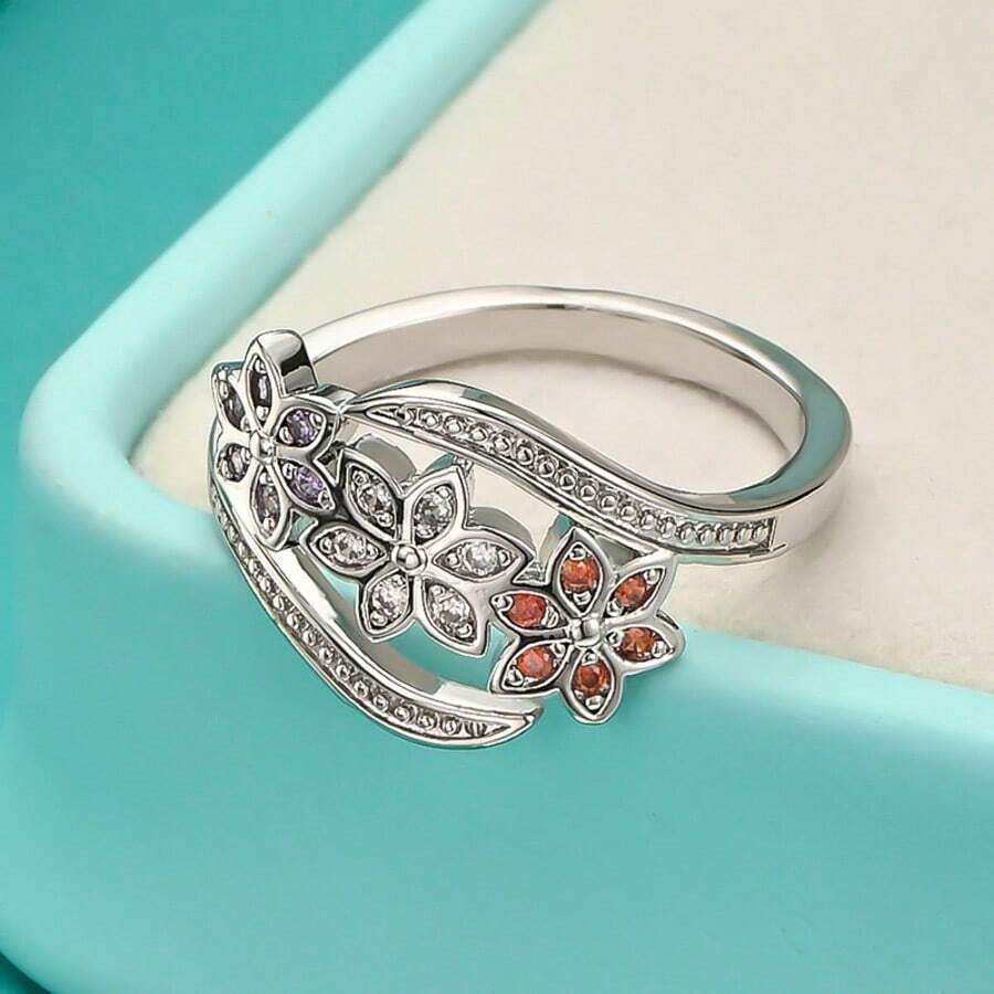 Popular Brands 925鍍銀水晶花朵戒指 女款 可調節尺寸 吊墜飾品 派對婚禮配件 禮物首飾 - 銀色 - 查看 1