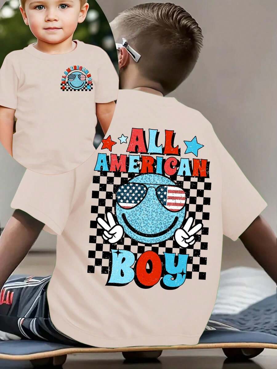 Fashionable Short-Sleeved T-Shirt For Boys 'American Independence Day' 'ALL AMERICA BOY' With Plaid Elements And Double-Sided Cartoon Print, Casual Outdoor Top - 卡其色 - 查看 1