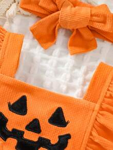 0-18M Baby Girl Autumn Halloween Pumpkin Smiling Face Patchwork Flutter Sleeve Mesh Tutu Dress & Bow Headband 2pcs Set Infant Romper - Multicolor - View 3