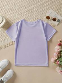 Girls' Short-Sleeved T-Shirt, Spring-Summer Style, With Easter Cartoon Print: Bow, Rabbit, Heart, Colorful Glasses And Bubbles, Versatile Casual Top NY-DX5438 - 紫色 - 查看 2