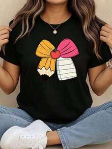 Short-Sleeved T-Shirt With PENCIL Print, Round Neck, Women's T-Shirts, Graphic Blouses For Women, Women's T-Shirts, Shirt Women, Mexico - 黑色 - 查看 1