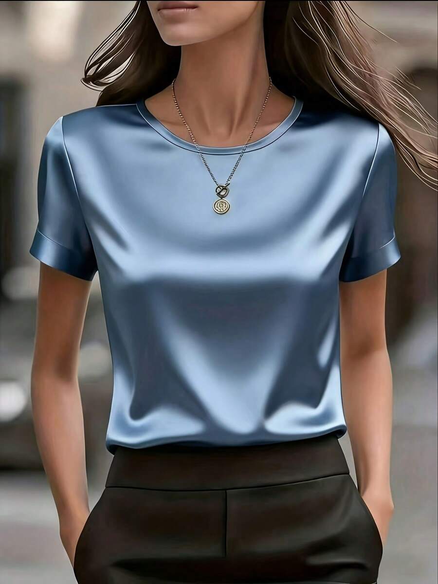 Elegant Women's Plain-Colored Fitted T-Shirt, Formal For The Office - 藍色 - 查看 1