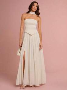 Vestido midi con abertura alta y sin tirantes elegante para mujer, color rosa - verde menta - Ver 5