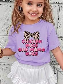 Girl's T-Shirt With The Inscription "Chicken Nugs And Mama Hugs" And A Leopard Print Bow, Modern, Casual And Versatile. - 紫色 - 查看 1