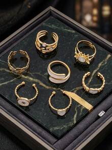 13/8/7pcs Elegant Fashion Vintage Old Money Style Floral Oil Drop Heart Star Moon Asymmetric Geometric Stackable Knuckle Ring Set For Women, Daily Wear, Date, Party, Versatile Accessory Jewelry, Perfect Gift For Birthday, Female Friends - Yellow Gold - View 10