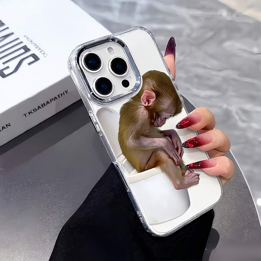 1pc Electroplated Metal Button Transparent Minimalist Personalized Squatting Monkey Pattern Phone Case Compatible With IPhone 16 Pro Max/17/16/15/14 Plus/13/12/11/Air Protective Shell - Multicolor - View 1