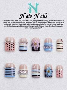 NAIO 10片/組手工穿戴式假指甲，3種尺寸：棺材型/杏仁型/短方型，Y2K可愛風，裸色波點與條紋設計，3D蝴蝶結、銀色金屬環與水鑽裝飾，適合女性與女孩，日常使用與派對，送給女士的絕佳禮物 - 彩色 - 查看 14