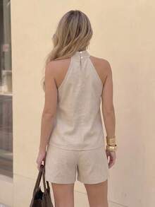 Women's Black Halter Neck Tank Top & Shorts Set, Elegant Sleeveless Summer 2-Piece Outfit, Sophisticated Casual Matching Set (Belt Not Included) - Khaki - View 7