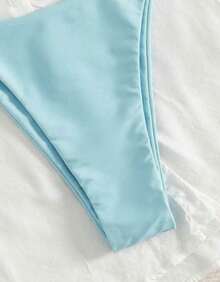 Women's Bikini With Thick Straps, Ruched Detail, High-Cut Bottom, Beachwear, Summer Style - Light Blue - View 6