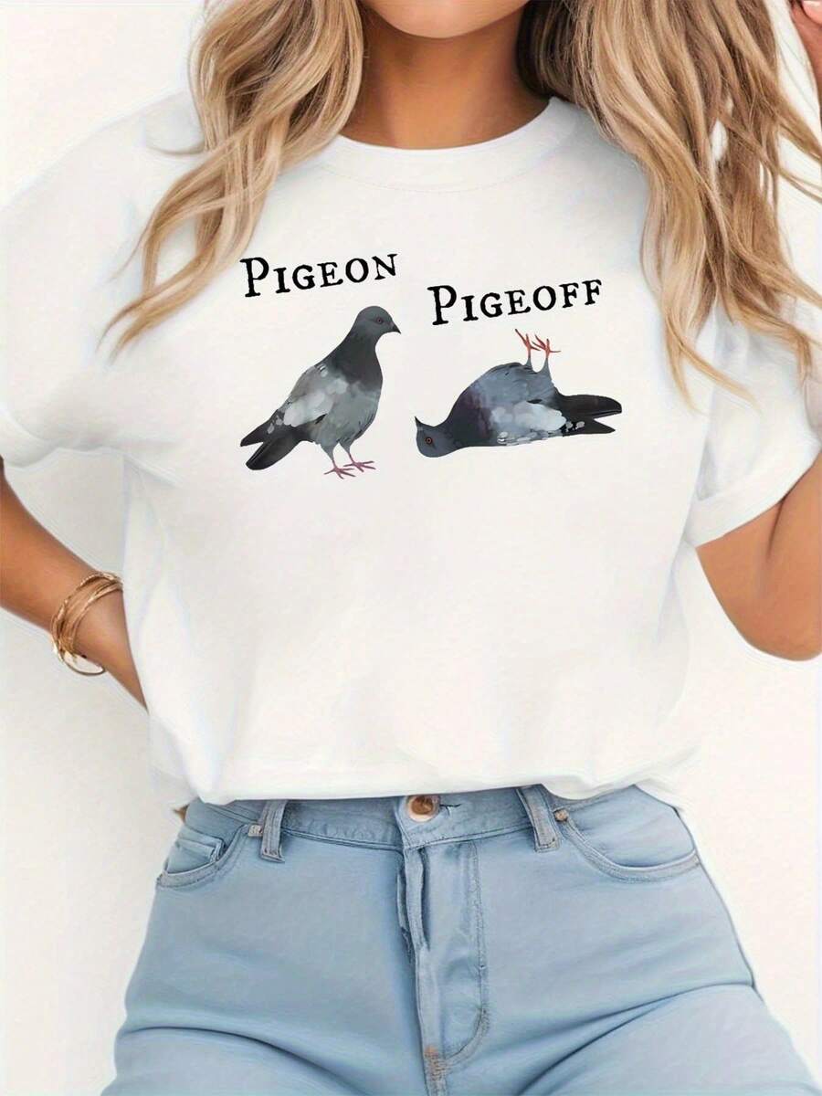 NEW "PIGEON PIGEOFF" T-SHIRT With Funny Pigeon Slang Joke For Women, Casual Style, Round Neck, For Parties And Everyday Wear - Vintage Urban Style, Unisex, Cotton - 白色 - 查看 1