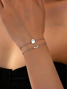 2件組精緻萬聖節Boo蝙蝠手鍊套組，秋季萬聖節女性珠寶飾品套組 - 銀色 - 查看 4