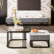 Stackable Coffee Table: High-Gloss Marble Look And Glass Top, Black Legs, Side Table With Drawers In A Set Of 2 - 黑色 - 查看 4