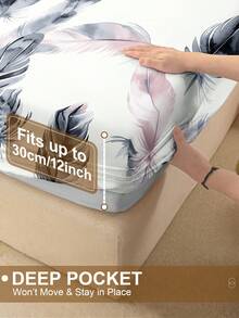 1pc Feather Print Bed Sheet, Bedding, Fitted Sheet, Mattress Cover, Soft And Comfortable Bedding For Bedroom Mattress Protector Fitted Bed Sheet Only, Machine Washable - Multicolor - View 5