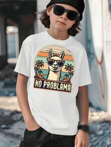 Boys' T-Shirt, Casual And Modern, Summer Fashion With Alpaca Print, Sunglasses And Palm Trees In Retro Sunset Style, For Children Aged 5 To 13 Years, No Problematic Prints, Gift - 灰色 - 查看 10