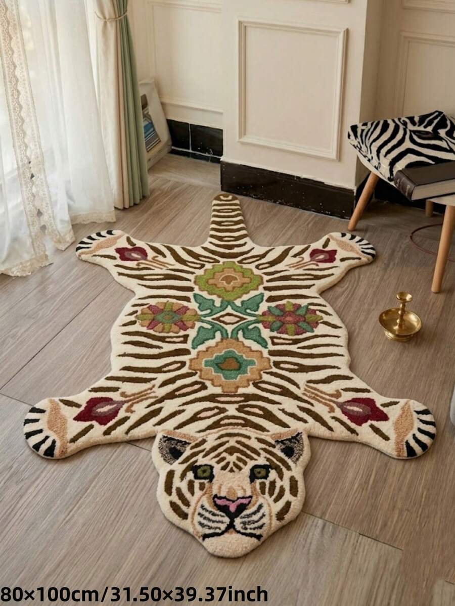 1pc Floral Tiger Shaped Rug, Plush Tiger Shaped Area Rug - Soft, Super Absorbent, Suitable For Bedroom, Living Room Or Bathroom, Machine Washable, Bathroom Rug, Decorative Rug, Bedroom Decor, Small Rug, Rug, Home Decor, Living Room Rug, Living Room Small Rug, Bedroom Rug, Living Room Home Decor - Multicolor - View 1