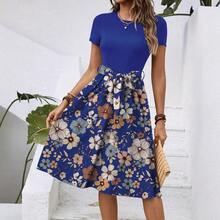 Vestido Midi Floral de Manga Corta y Cuello Redondo para Mujer, con Cintura Ajustable, Estilo Casual para Vacaciones de Verano - Azul - Ver 4