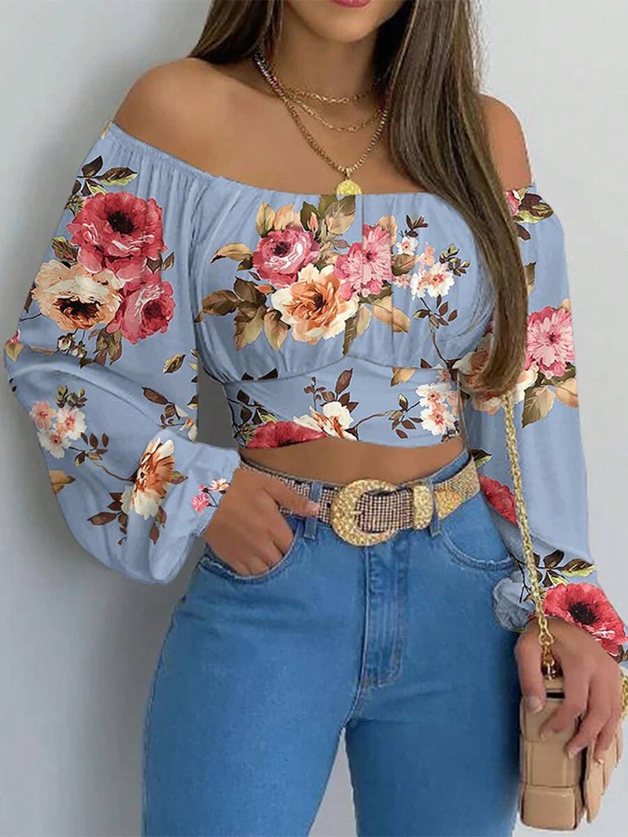Elegant Women's Blouse With Bohemian Print, Short Loose Lantern Sleeves, Off-Shoulder, For Summer - 列印藍 - 查看 1