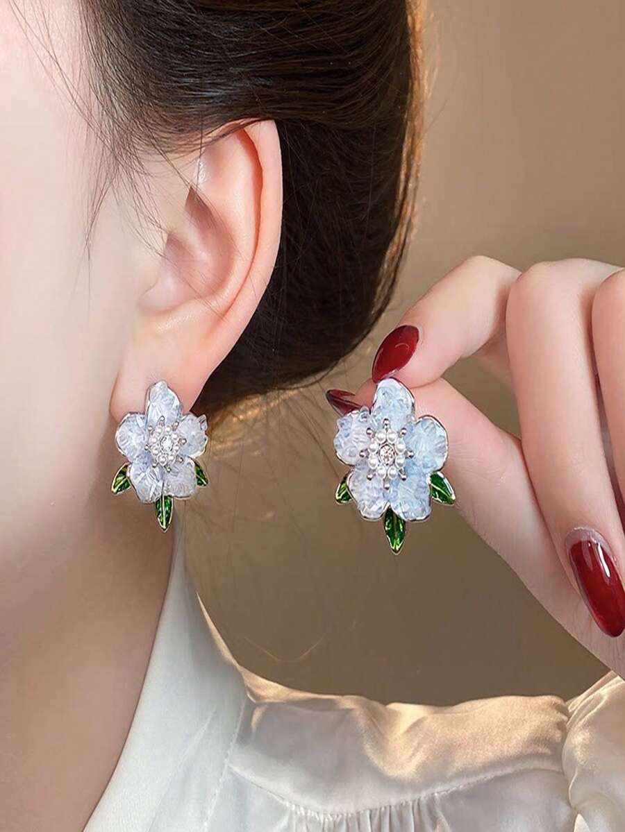 優雅溫柔森系精緻時尚極簡花卉耳環 - 彩色 - 查看 1