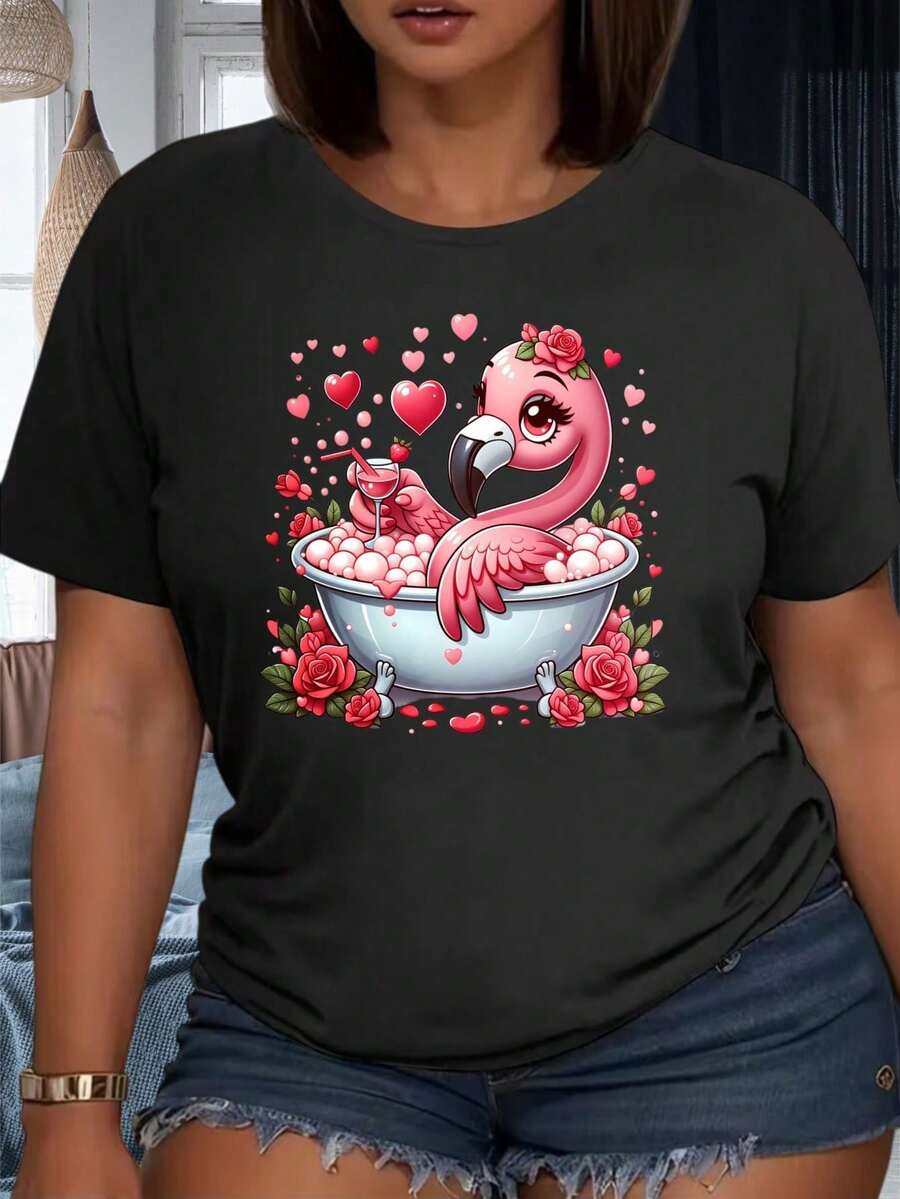GiftGiftFlamingo Women's Camisole With Cute Animal Design In Bathtub With Roses And Hearts - Black - View 1