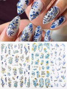 Chinese Vintage Blue White Porcelain Nail Stickers 3 Sheets, Embossed Blue Floral Gold Foil Flower Leaf Nail Decals, Self Adhesive Waterproof Nail Art Transfer Sliders Design For Natural Fake Press On Nails DIY Manicure Accessories - Multicolor - View 1