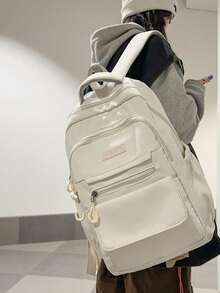 Mochila minimalista blanca crema para estudiantes, mochila de nylon suave con múltiples bolsillos y etiqueta de parche de cuero para la escuela & el transporte diario - Multicolor - Ver 1