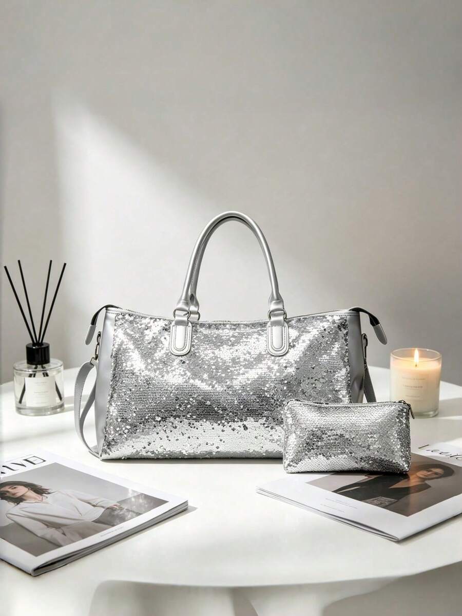 New Fashion Travel Bag, Single Color Minimalist Niche Design With Sequins, Elegant, Popular And Cool, Suitable For Short Trips, Fitness, With Separate Shoe Compartment. - 銅色 - 查看 1