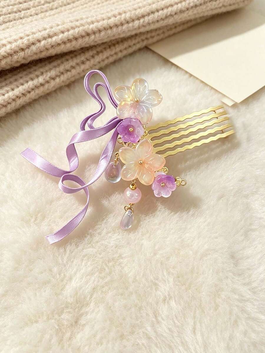1件手工串珠流蘇花朵髮梳,紫色釉面花朵緞帶流蘇髮梳,古風漢服仙氣髮飾,新娘/伴娘造型髮飾,表演裝飾髮飾,緞帶可自由扭轉 - 彩色 - 查看 1