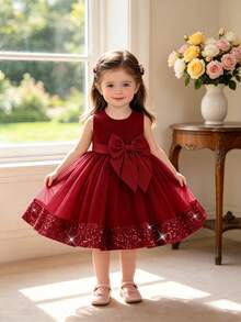 Baby Mädchen Tüll Schleife Pailletten Puff Geburtstagsparty Prinzessinnenkleid, geeignet als Blumenmädchenkleid, Stirnband nicht enthalten - Bordeaux - Übersicht 2