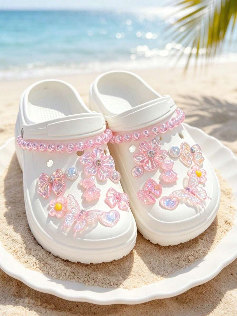20pcs/Set Translucent Pink Holographic Bear Shoe Charms, Flower Pearl Chain DIY Detachable Accessories For Sandals, Beach Bags, Gifts - Pink - View 1