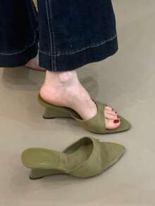 Women's Pointed Toe Wedge Slide Sandals, New Summer Slip-On Slippers, Niche Design High Heel Shoes - Dark Green - View 11