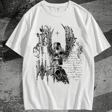 Camiseta unisex gráfica de metal pesado gótico negro con diseño angelical y blanco, ligera para verano, conciertos, uso diario, cuello redondo, transpirable, estampado duradero - Blanco - Ver 3